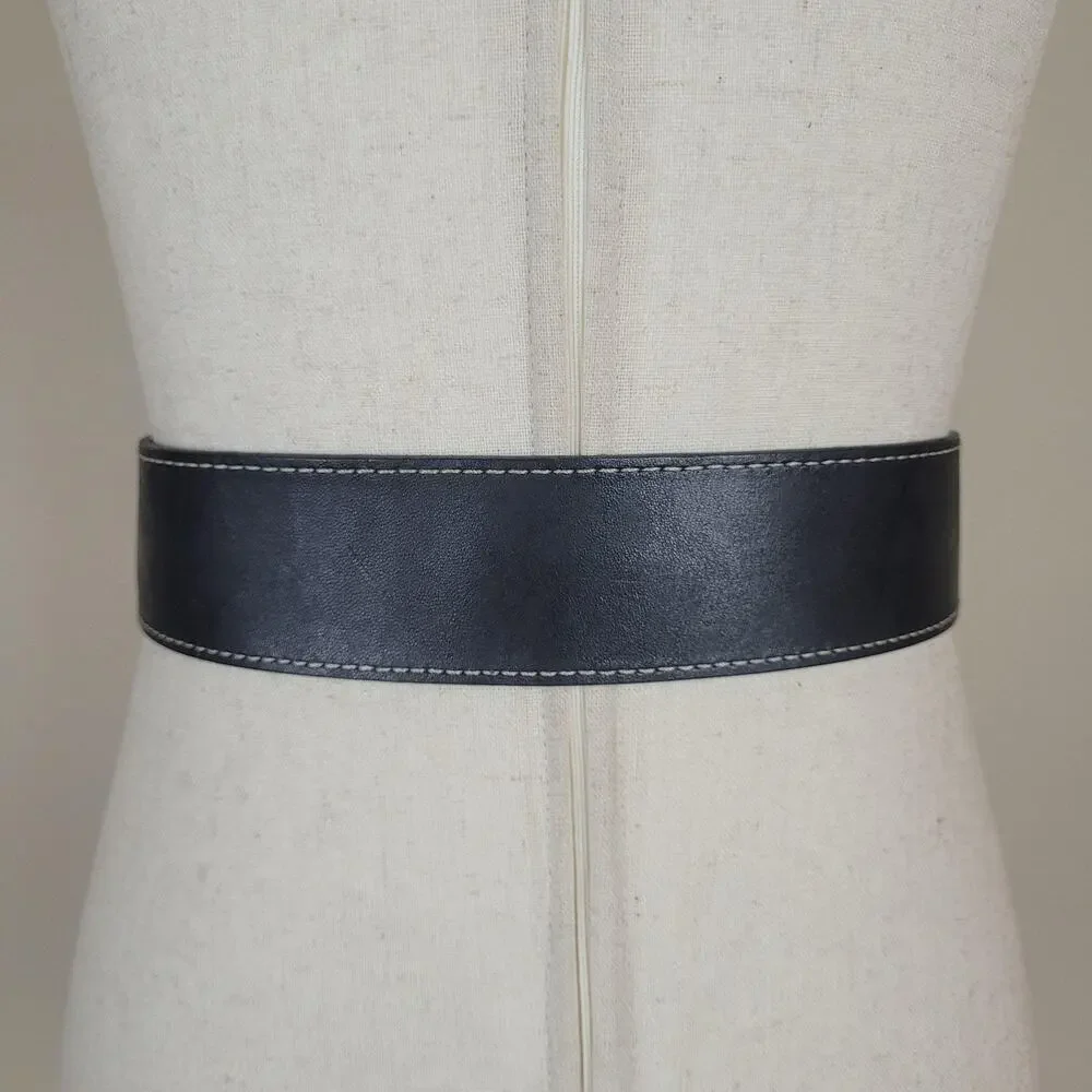 Talbots Belt Medium Black Leather Contrast Stitch Silver Buckle Boho Equestrian